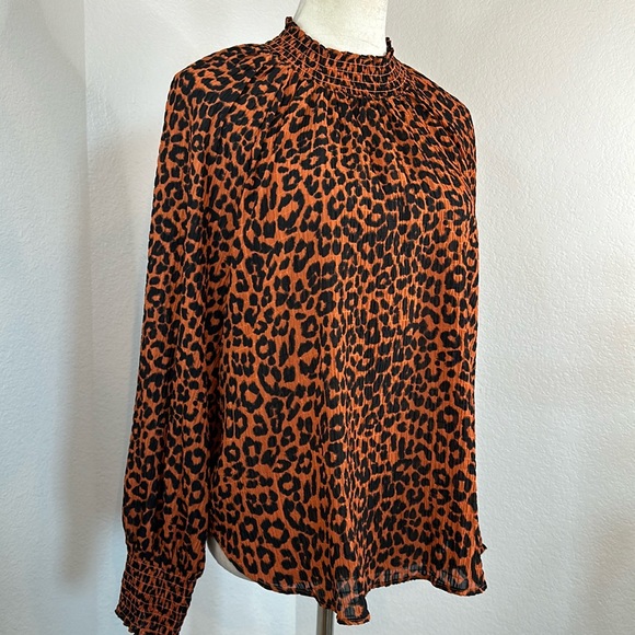 LOFT Leopard Print Smocked Mock Neck Long Sleeve Blouse Size LP NWOT - Picture 5 of 13